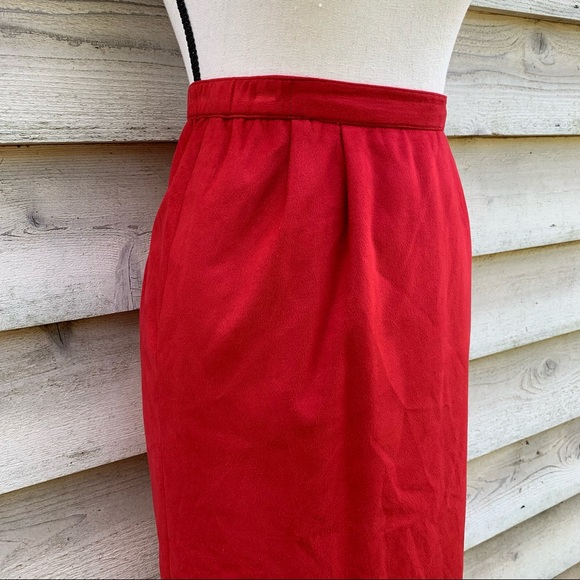 Vintage 80s Red Vegan Faux Suede Leather High Waisted Fitted Midi Pencil Skirt - Picture 4 of 16